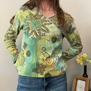 Y2K Boho Hippie Top Embellished Green Yellow Floral Long Sleeve‎ V-Neck Small